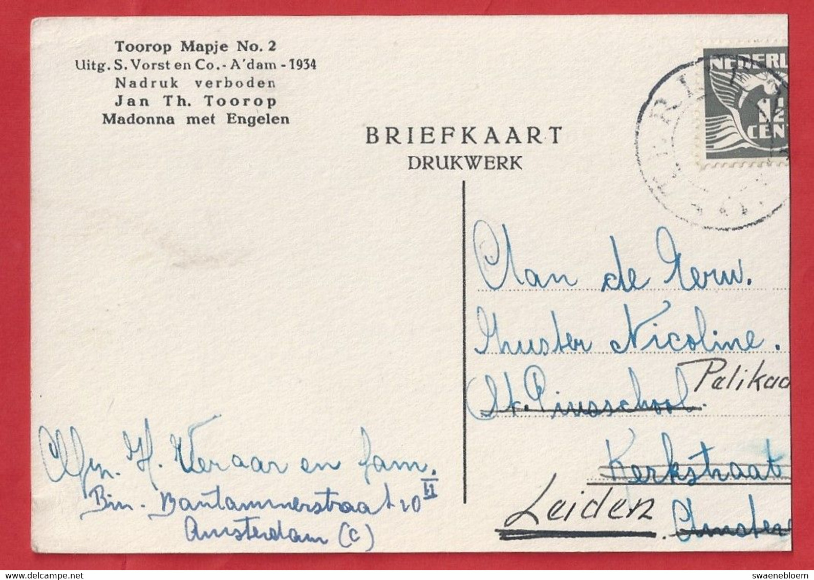NL.- JAN TOOROP.  MADONNA MET ENGELEN. Uitg. S. Vorst En Co, Amsterdam. 1934. J. Th. Toorop. - Toorop, Jan