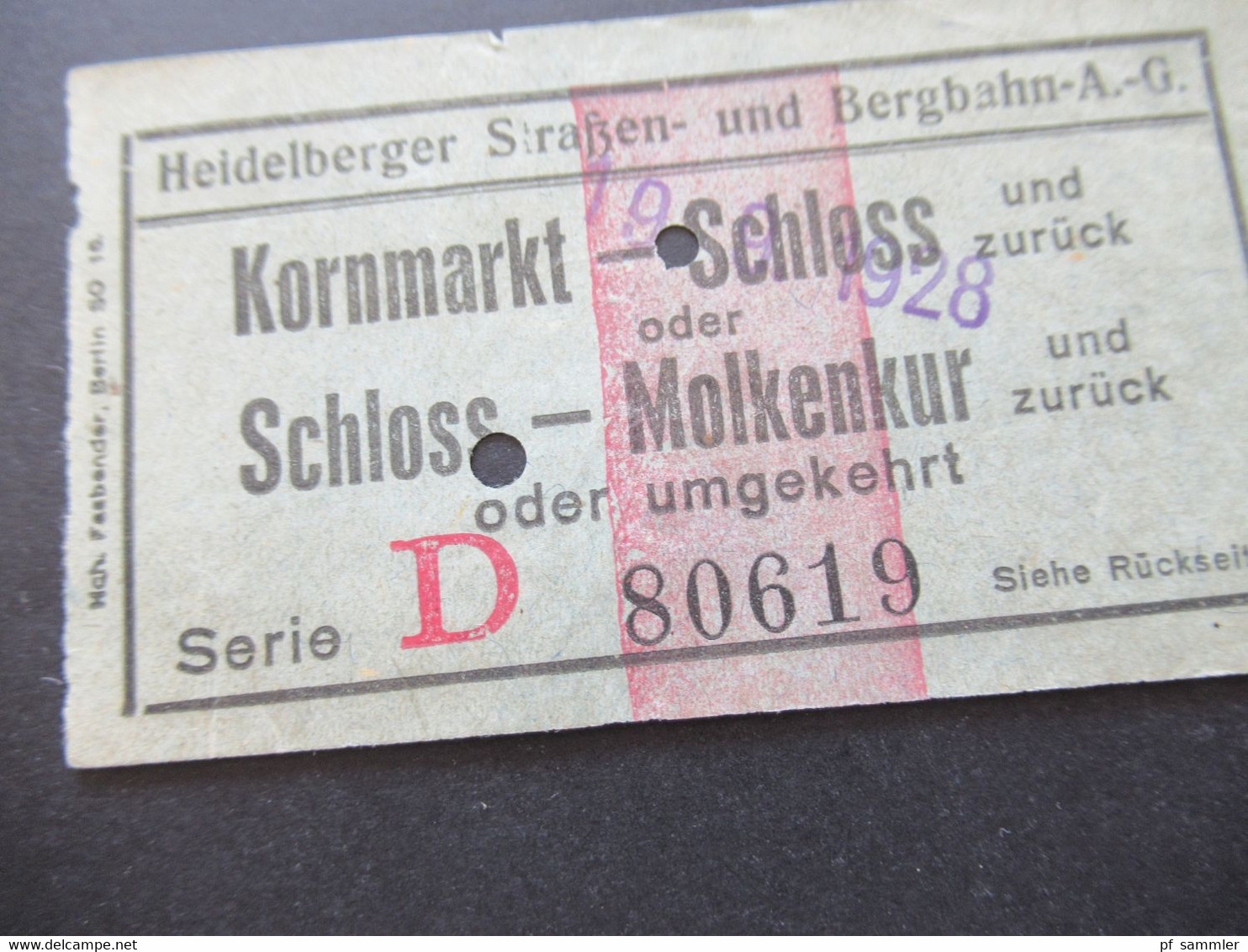 Ticket Fahrschein 1928 Heidelberger Straßen Und Bergbahn AG Kornmarkt - Schloss / Schloss - Molkenkur Serie D - Europe