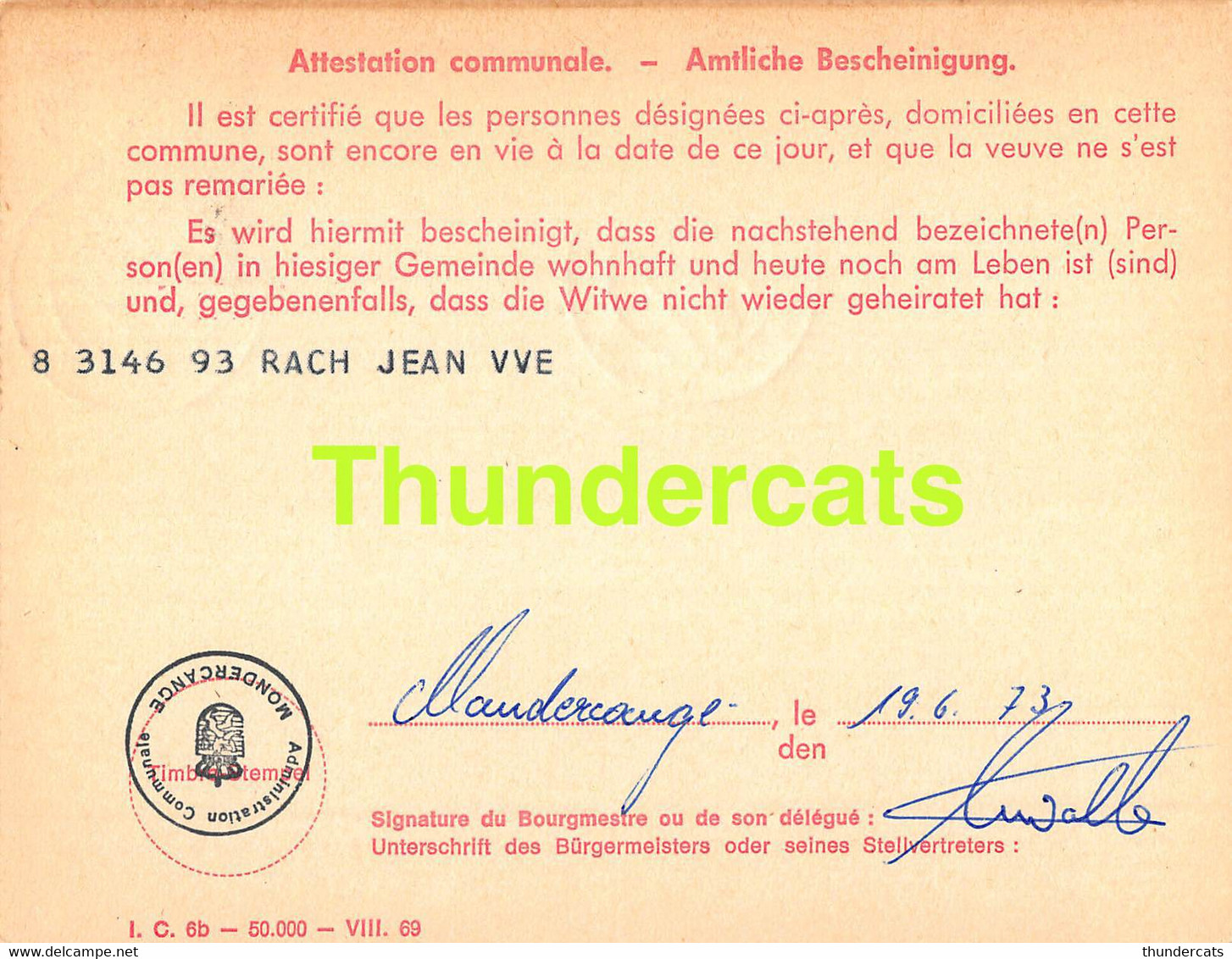 ASSURANCE VIEILLESSE INVALIDITE LUXEMBOURG 1973 MONDERCANGE RACH - Briefe U. Dokumente