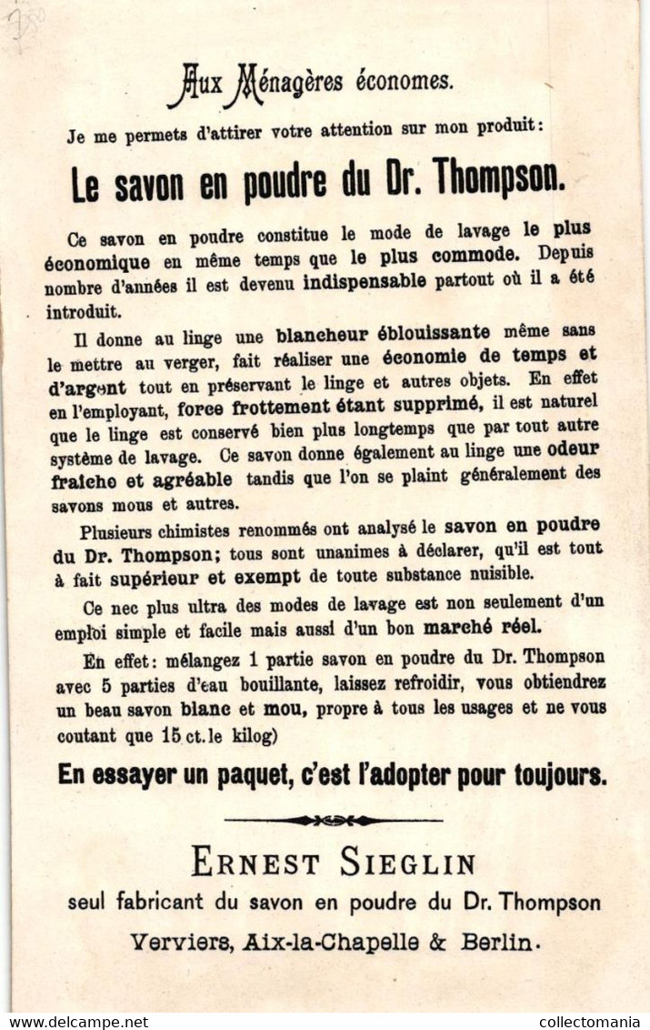 2 Cartes Dr. Thompson Savon En Poudre Zeeppoeder Ernest Sieglin VERVIERS Aix-la-Chapelle & Berlin Lith. Franz Keppler - Andere & Zonder Classificatie