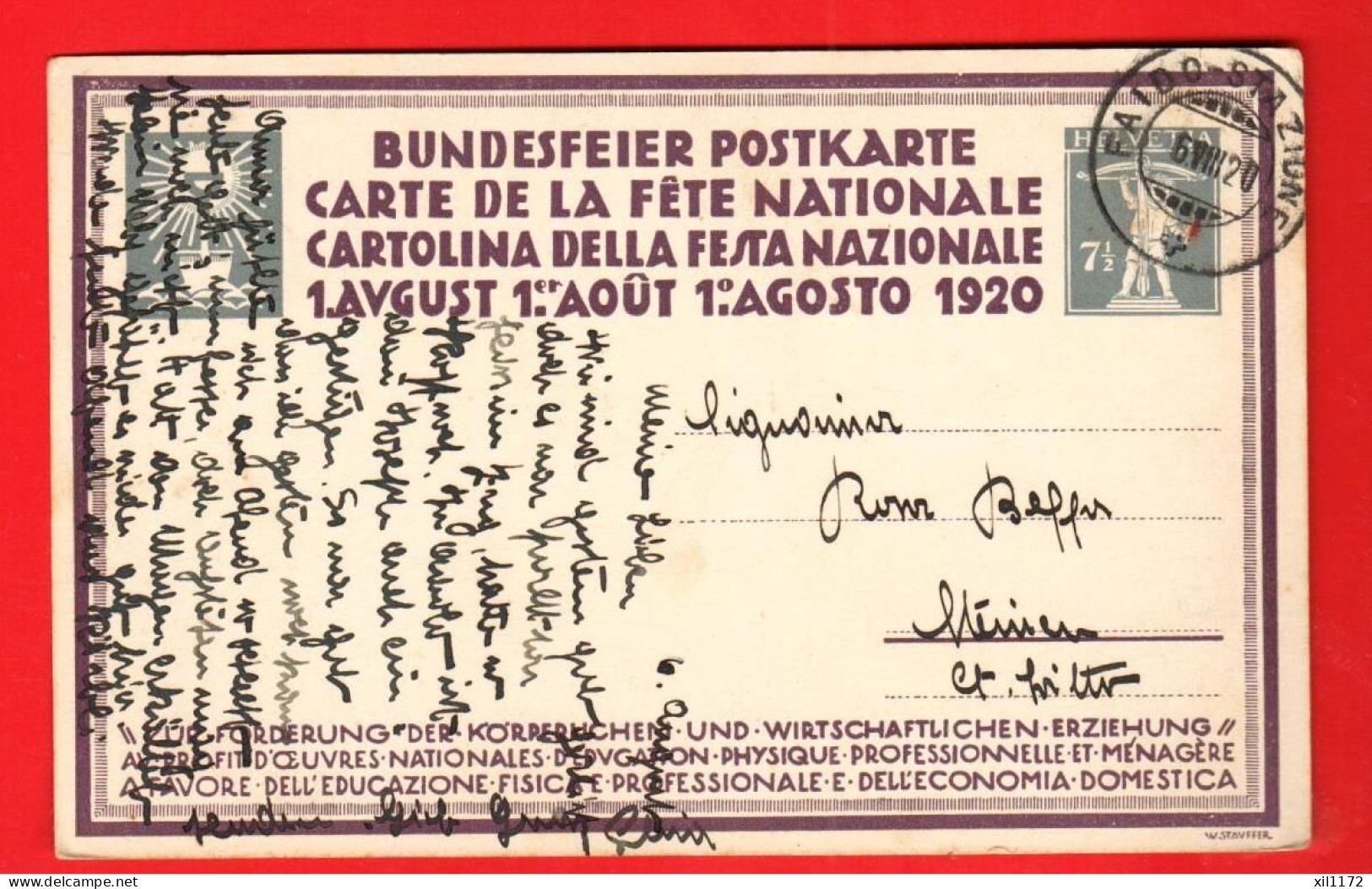 ZNB-30 Litho Bundesfeier Postkarte 1. August 1920.  Stempel Faido 1920 - Faido