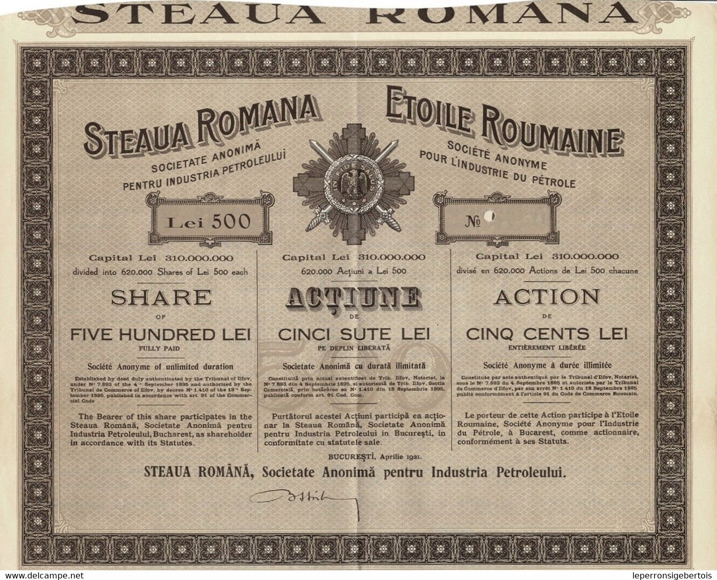 Action Ancienne - Etoile Roumaine S.A. Pour L' Industrie Du Pétrole - Steaua Romana - Titre De 1921 Uncirculed - Oil