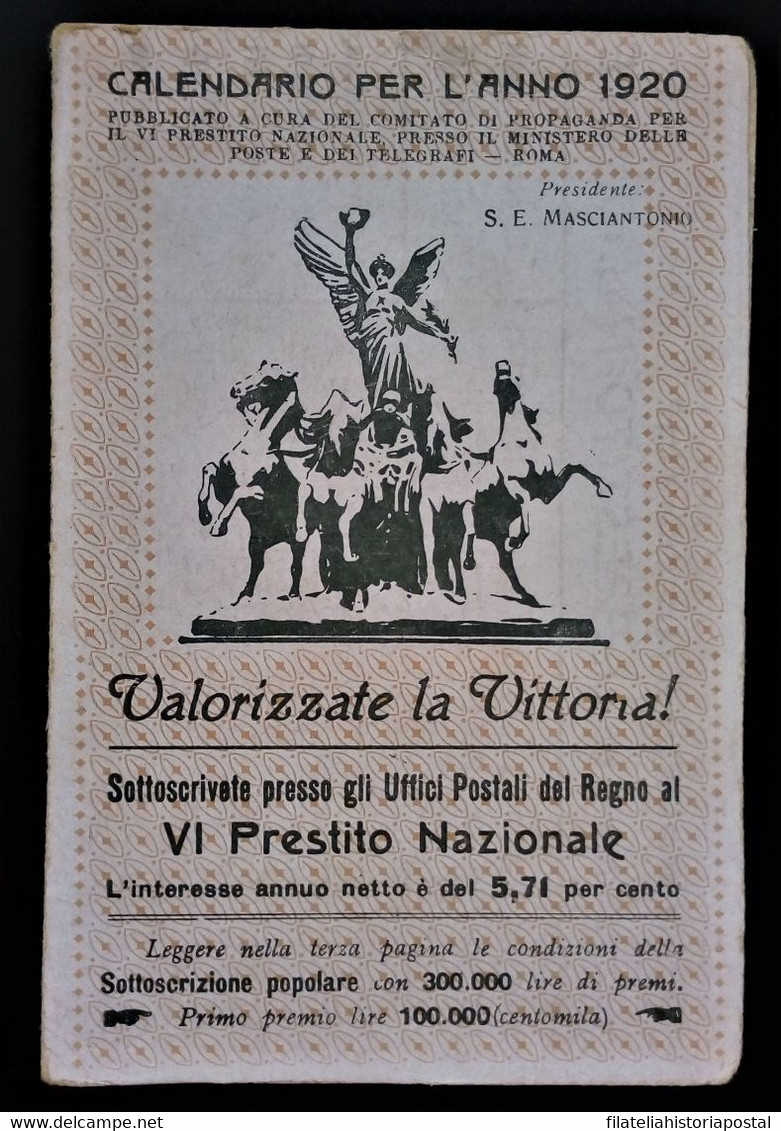 962 ITALY ITALIE ITALIA CALENDARIO PER L'ANNO 1920 UFFICI POSTALE - Petit Format : ...-1900