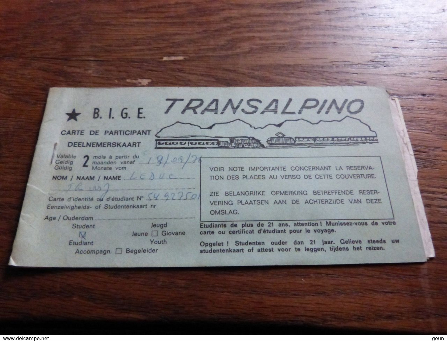 Ticket Train Transalpino 1976 - Zonder Classificatie