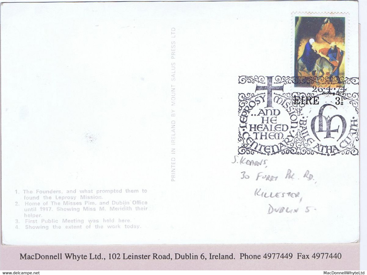 Ireland 1974 Leprosy Mission Centenary Special Cancel Dublin 26.4.74, On Leprosy Mission Postcard - Prephilately