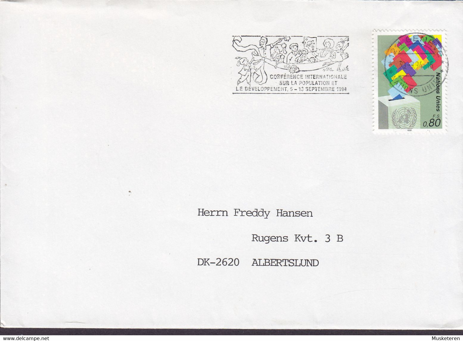 United Nations Flamme 'Conférence Internationale S. Population' GENÉVE Etats Unies 1994 Cover Lettre ALBERTSLUND Denmark - Lettres & Documents