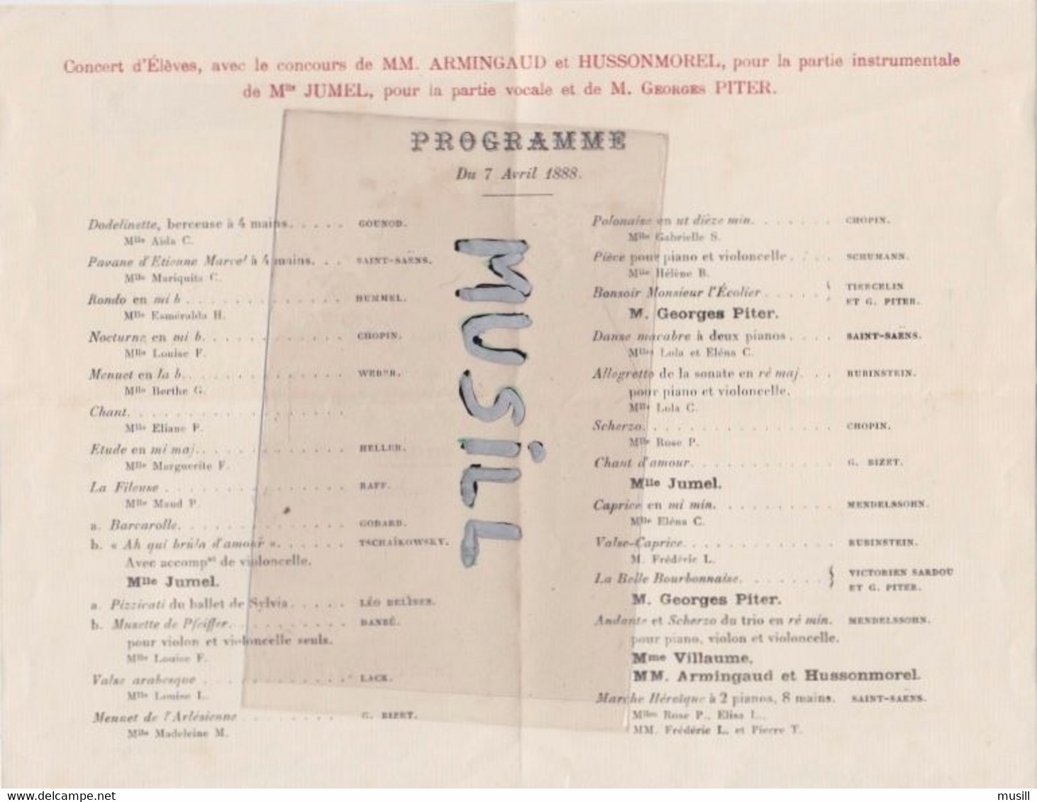 Invitation De Famille. Concert D'Elèves Salle Duprez, Avec Le Concours De MM.Armingaud Et Hussonmorel. 7 Avril 1888 - Programme