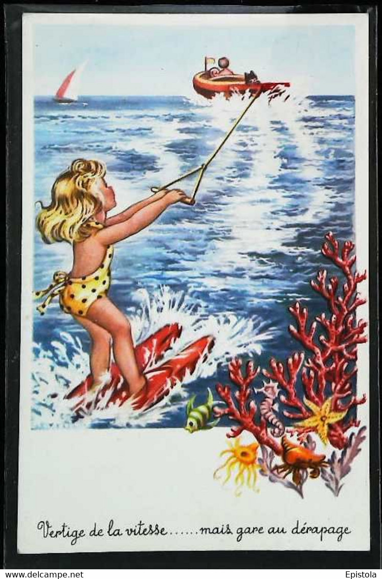 ► SKI Nautique Féminin En FRANCE  -  Illustration Fillette Années 50s    ( Water Skiing Wasserski ) - Ski Nautique