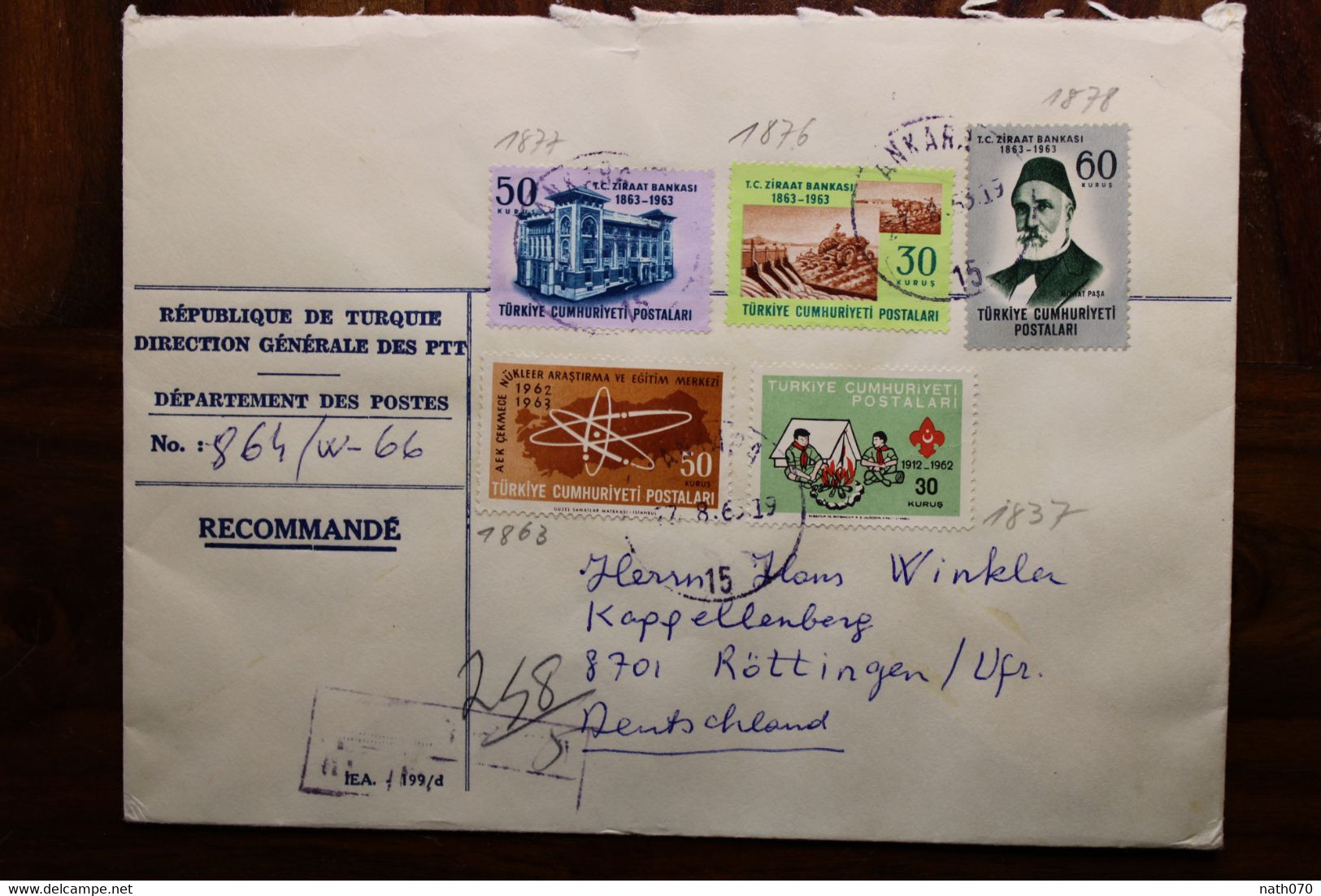 Turquie 1963 Recommandé Röttingen Türkei Air Mail Cover Par Avion Allemagne Turkey Türkiye - Briefe U. Dokumente