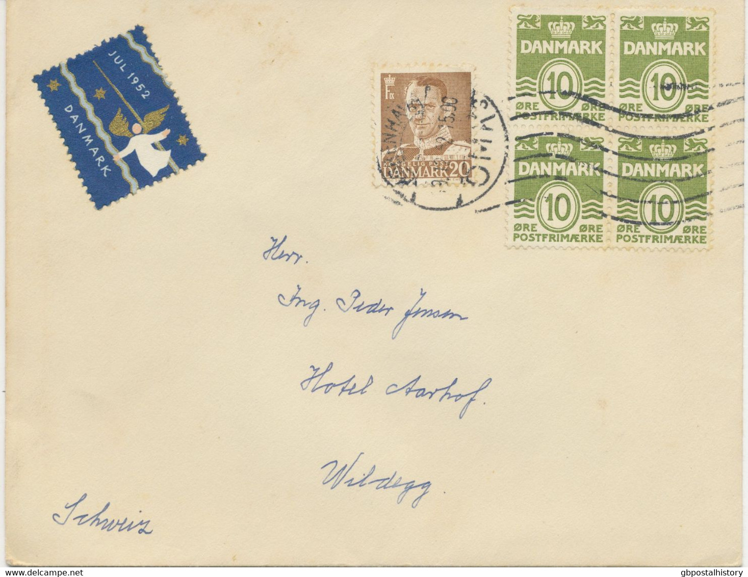 DÄNEMARK 1952, Wellenlinien 10 Ö (Viererblock) Zusammen Mit König Frederik IX 20 Ö Kab.-Brief Mit JUL-Marke 1952 - Storia Postale