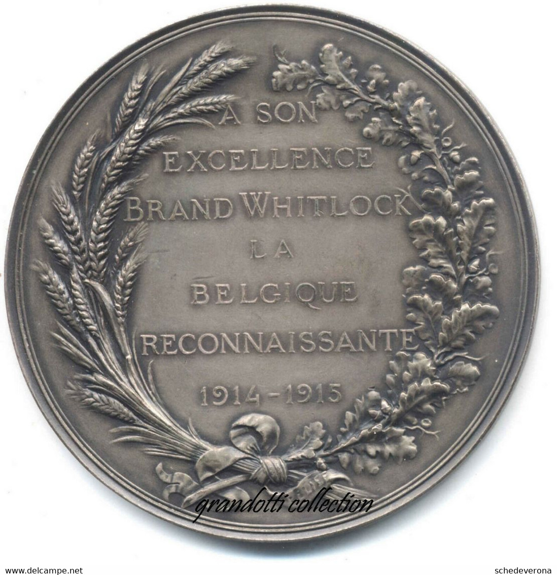 BRAND WHITLOCH AMBASCIATORE AMERICA A BRUXELLES 1915 MEDAGLIA RICONOSCENZA - Profesionales / De Sociedad