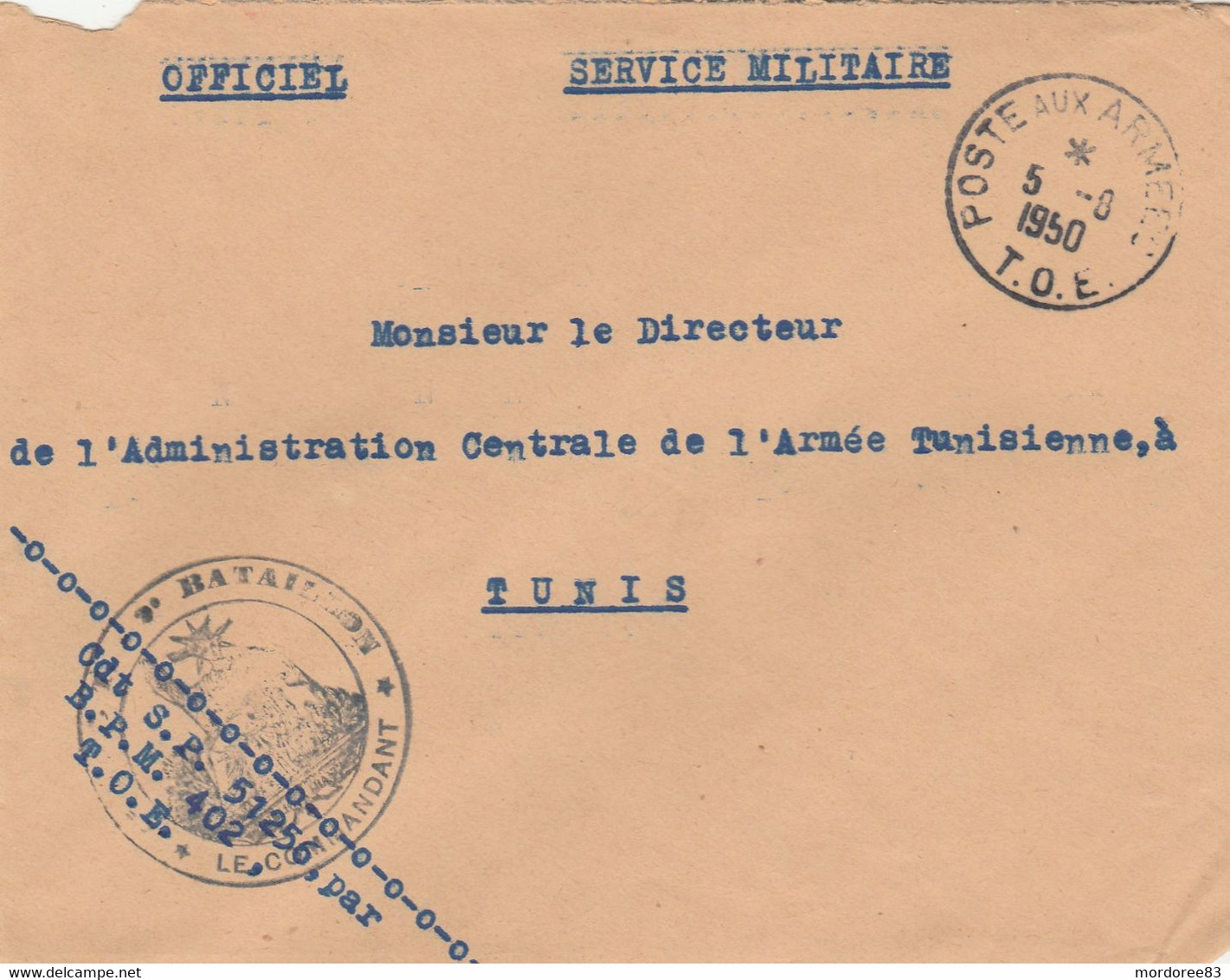 LETTRE FM - BPM 402 - R.T.T - 2E BATAILLON - CDT - POSTE AUX ARMEES T.O.E - 5/8/50 POUR DIRECTEUR ADMI ARMEE TUNISIENNE - War Of Indo-China / Vietnam