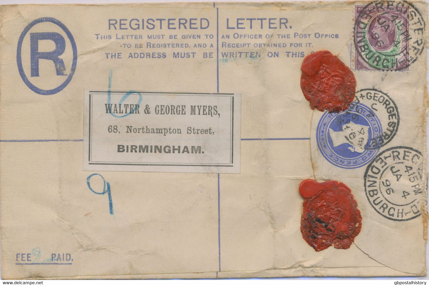 GB „REGISTERED / 1 / EDINBURGH“ Very Rare Double Circle (25mm) + Rare Thimble (20mm) „GEORGESTREET / EDINBURGH“ On PS - Storia Postale