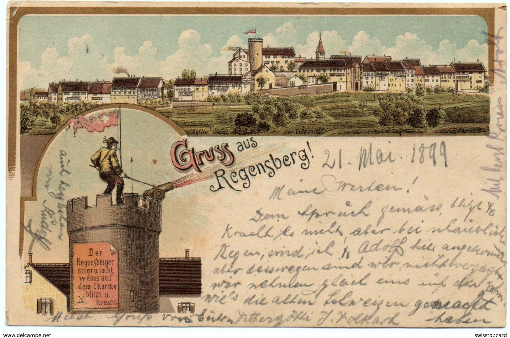 LITHO Gruss Aus REGENSBERG ! Turm-Kanone Gel. 1899 N. Au (Rheintal) - Regensberg