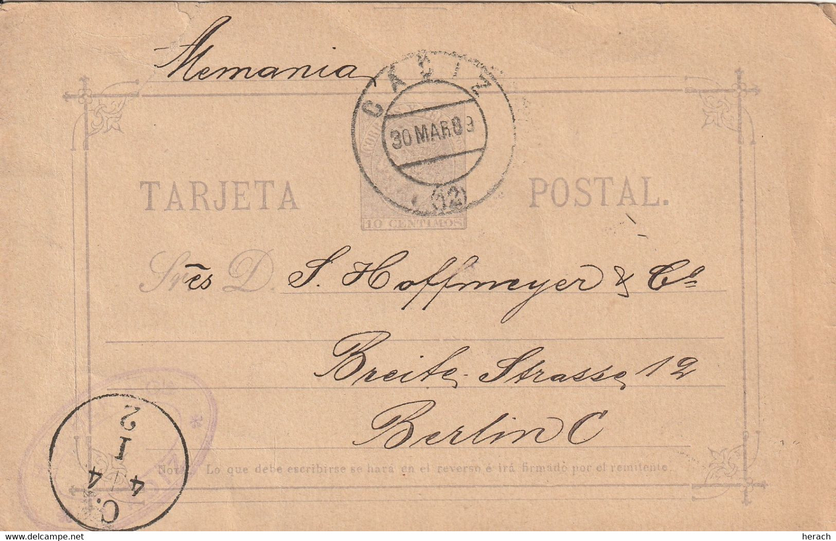 Espagne Entier Postal Cadiz Pour L'Allemagne 1889 - Other & Unclassified