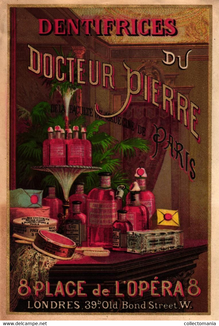 Mooie Chromo Litho - Dentifrices Du Docteur Pierre Place De L'Opéra OBERTHUR 1890 Avec Flacons, Flessen Tandpasta Teeth - Flakons (leer)