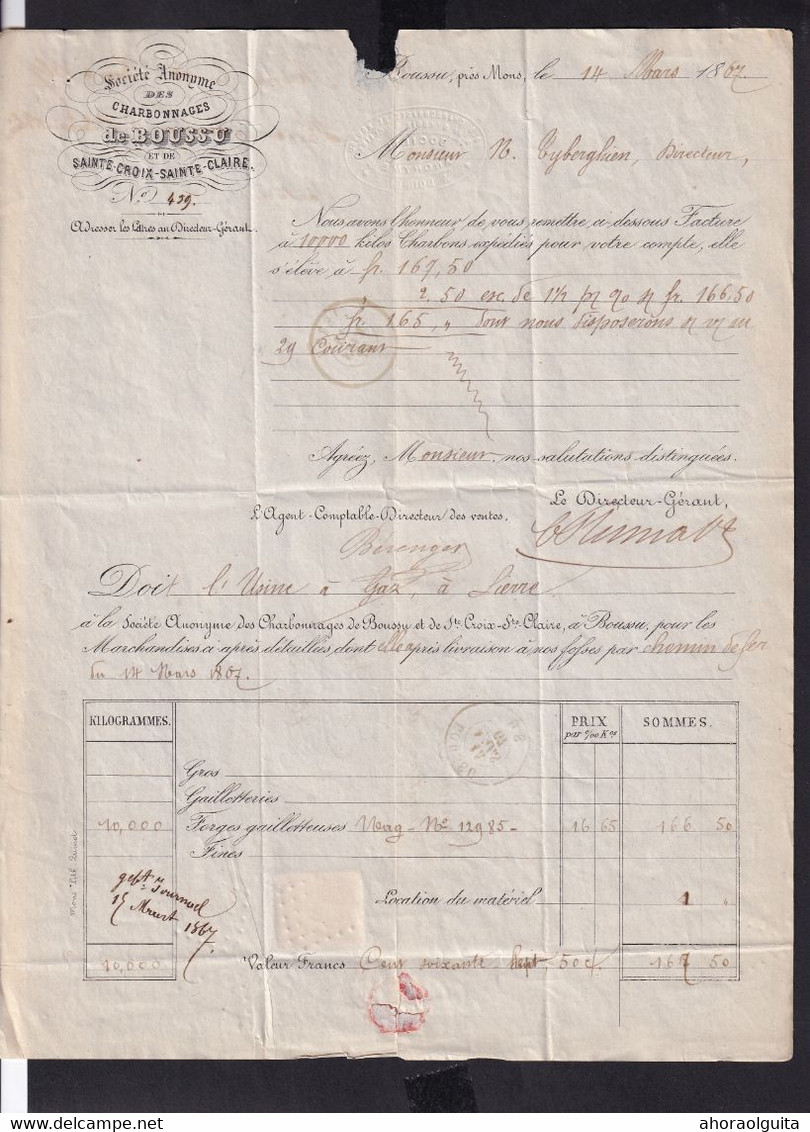 DDY 983 - Lettre TP 18 Points 49 BOUSSU 1867 - TB Entete Charbonnages De BOUSSU Et STE CROIX - STE CLAIRE - 1865-1866 Profile Left