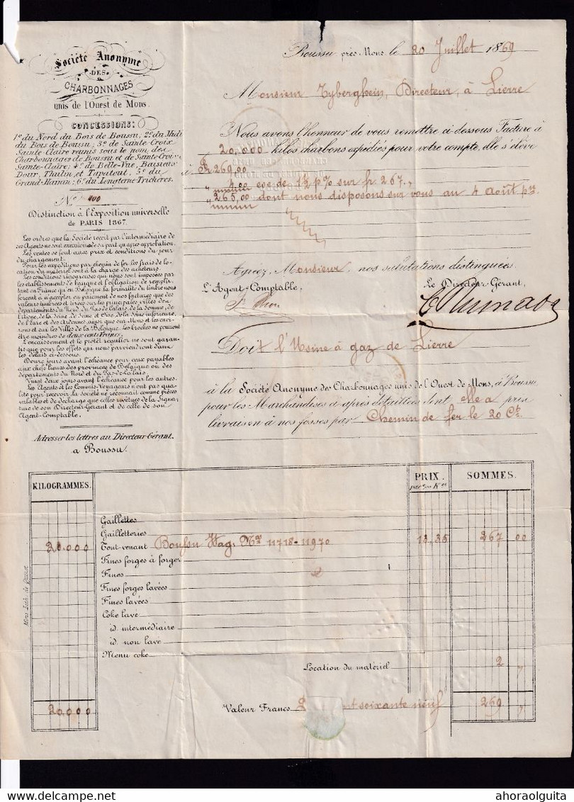 DDY 984 - Lettre TP 18 Points 49 BOUSSU 1869 - TB Entete Charbonnages Unis De L' Ouest De MONS - 1865-1866 Profile Left