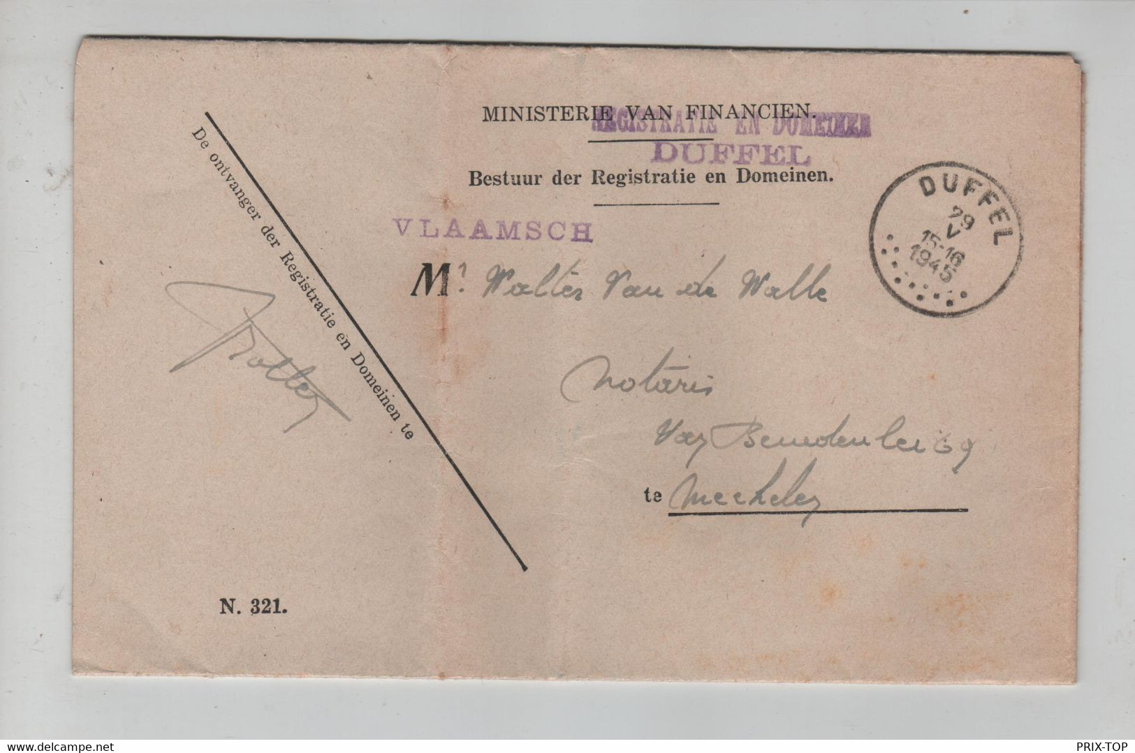 REF4092/ Brief Van Het Ministerie Van Financiën Registratie & Domeinen Duffel 29/5/1945 > Notaris Mechelen Van De Walle - Poste Rurale