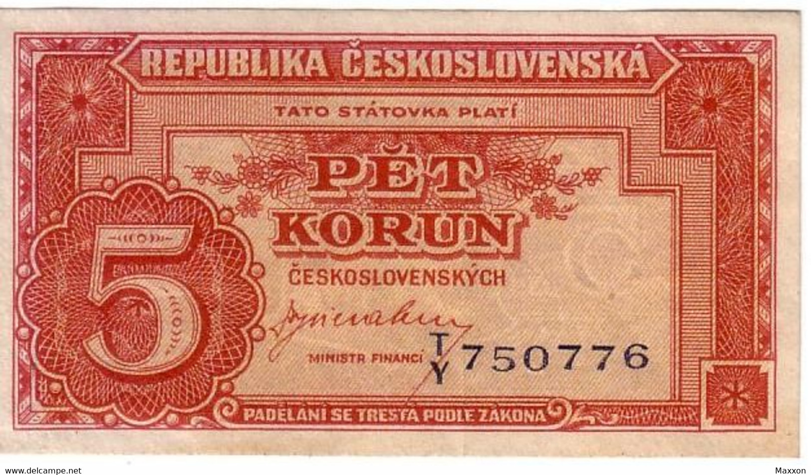 Billet De Banque Tchécoslovaquie 5 Koruna 1945 Comme Neuf #59 - Tchécoslovaquie