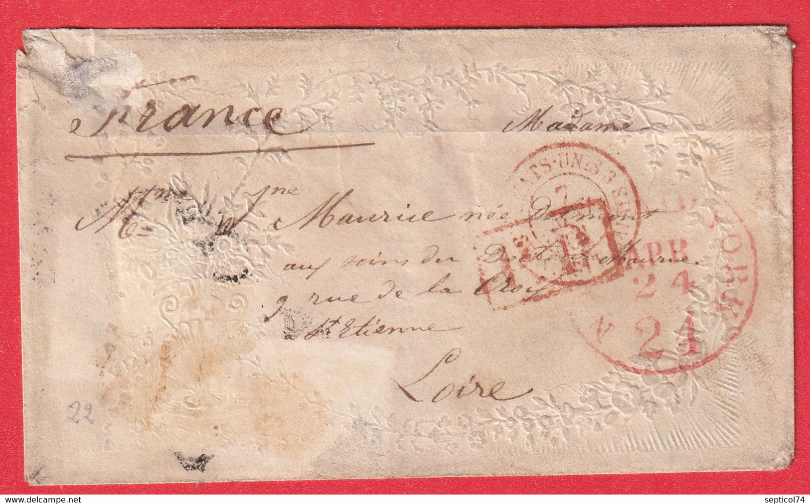 VALENTINE LOVE LETTER NEW YORK USA 1861 ST ETIENNE LOIRE PP ENCADRE ROUGE - …-1845 Vorphilatelie