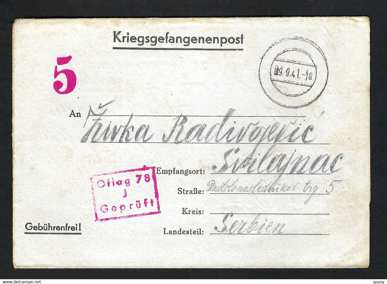 ALLEMAGNE 1941: LSC  "Prisonnier De Guerre" Pour La Serbie Avec Censure Allemande Et CAD Sans La Ville, Date Seule - Prisoners Of War Mail