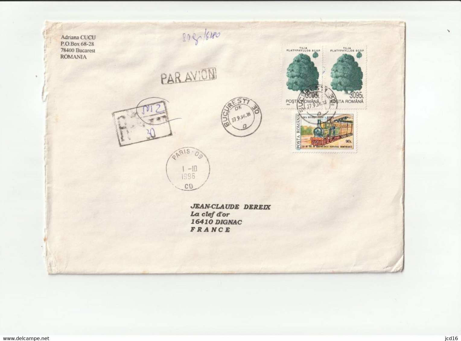 ROUMANIE ENVELOPPE 3 Timbres YT N° 4169 & 4206  Adriana CUCU  Bucarest 1996 - Marcofilie