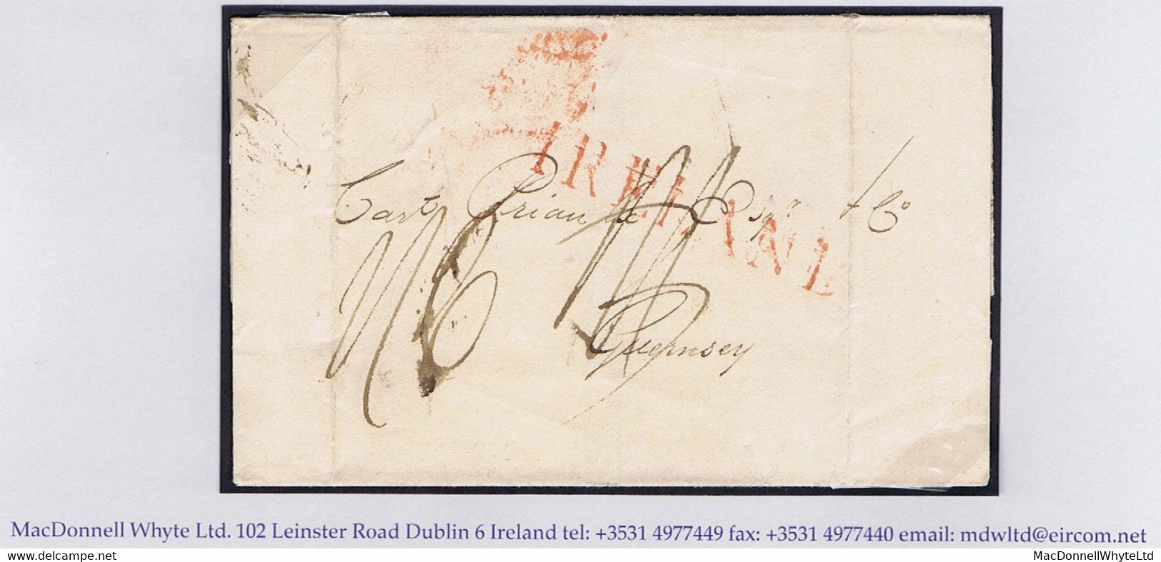 Ireland Guernsey 1807 Medium Red IRELAND Handstamp On Cover Dublin To Priaulx In Guernsey Rated "1/6" - Prephilately