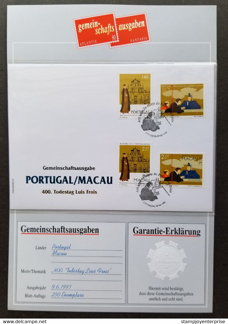 Macao Macau - Portugal Joint Issue 400th Anniv Of Father Luis 1997 China (joint FDC) *dual PMK *guaranty Card *limited - Briefe U. Dokumente