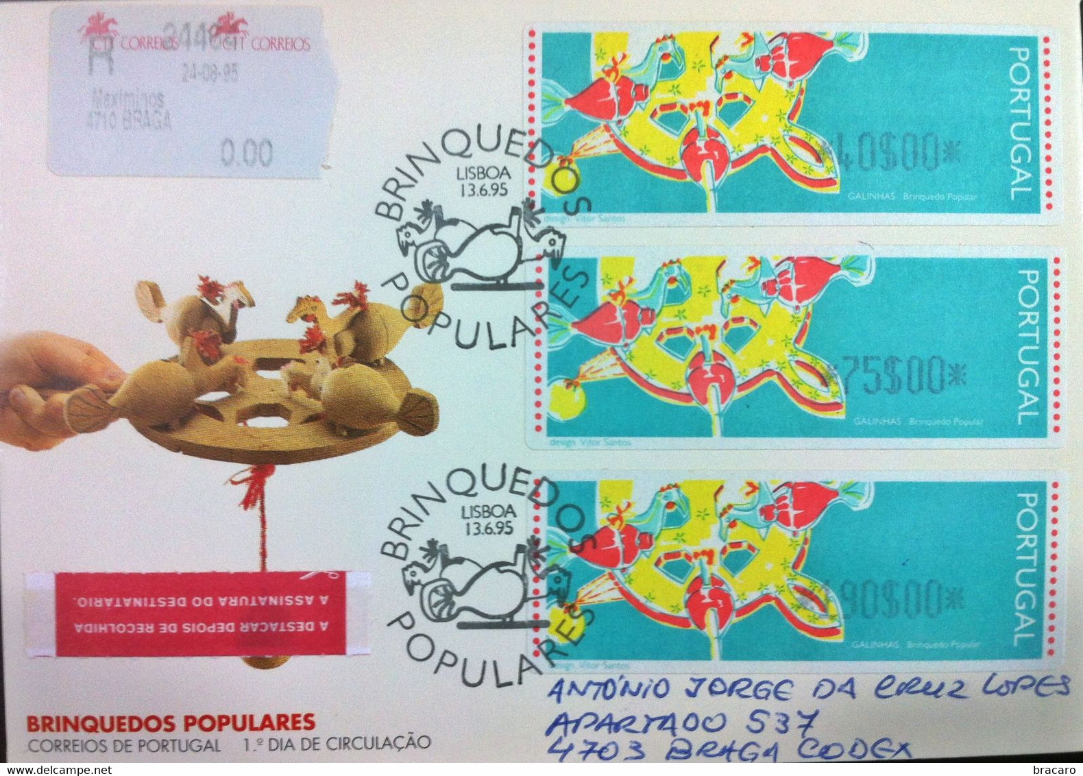 Portugal - ATM Machine Stamps - FDC (cover) - BRINQUEDOS POPULARES GALINHAS 1995 - Circulated, Registered, Cancel Braga - Máquinas Franqueo (EMA)
