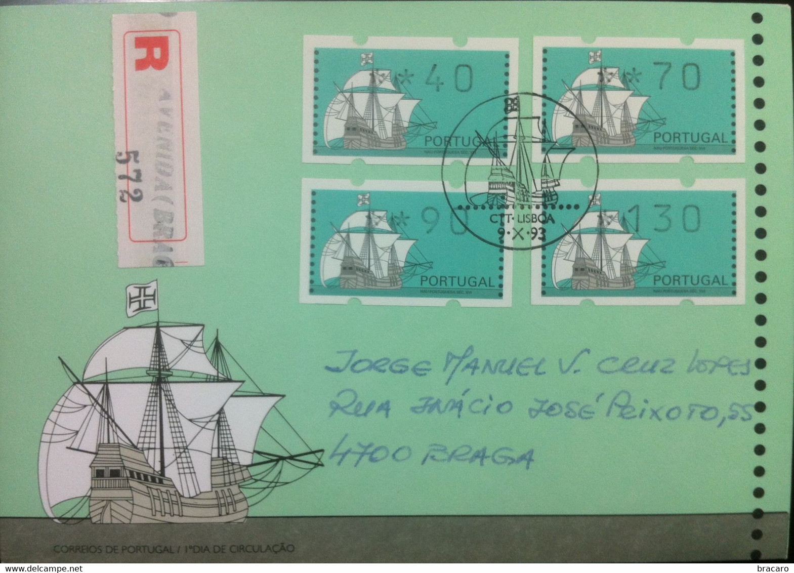 Portugal - ATM Machine Stamps - FDC (cover) - NAU PORTUGUESA 1993 - Circulated, Registered, Cancel Braga - Franking Machines (EMA)