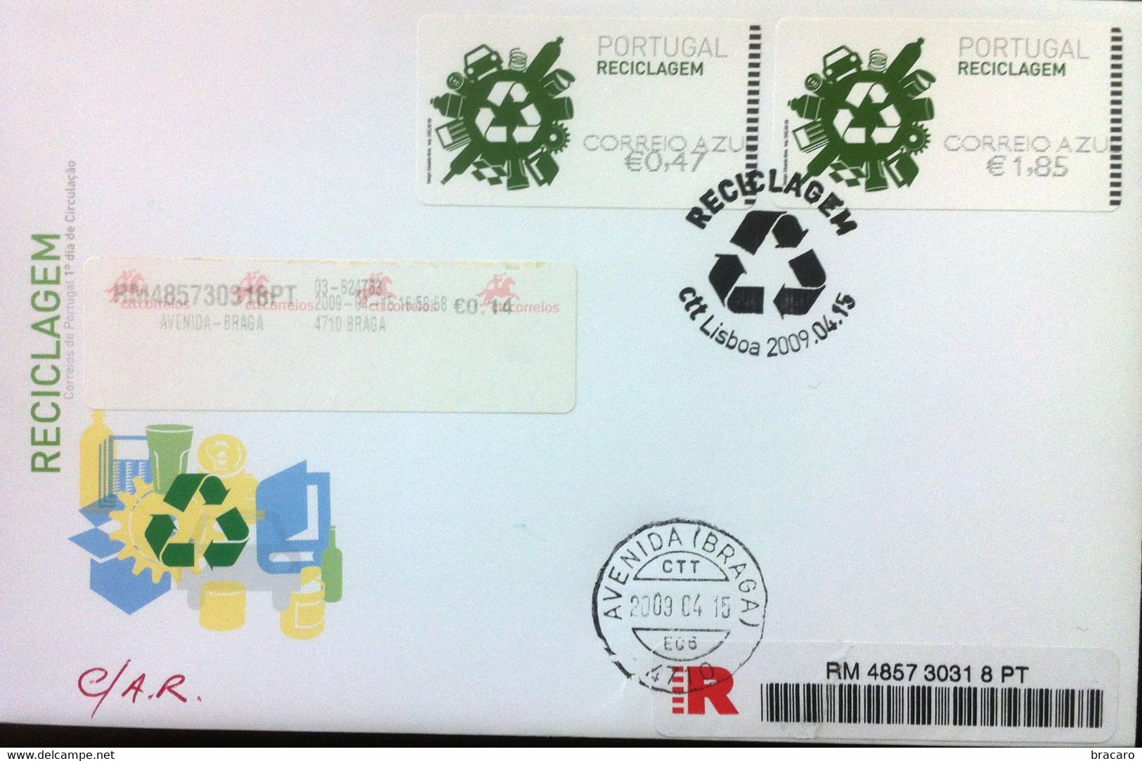 Portugal - ATM Machine Stamps - FDC (cover) X 4 - RECICLAGEM 2009 - CORREIO AZUL Registered, Cancel Braga - Maschinenstempel (EMA)