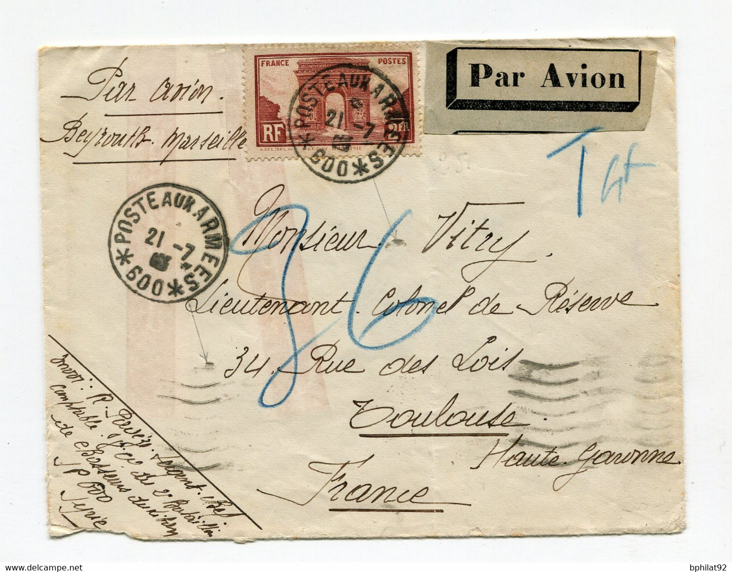 !!! CACHET SP 600 (SYRIE) SUR LETTRE DE 1933 POUR TOULOUSE, PAR AVION BEYROUTH MARSEILLE - Lettres & Documents