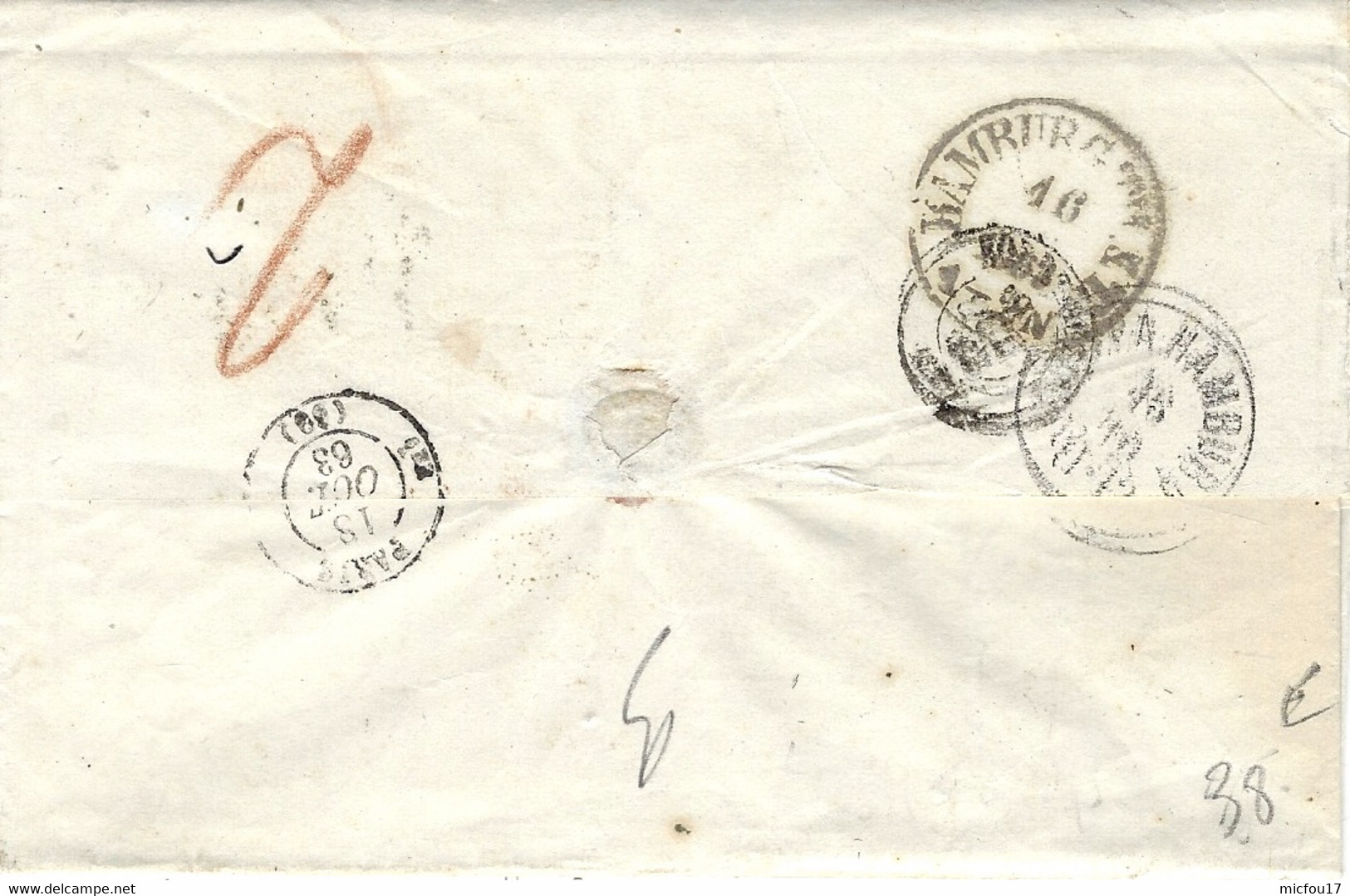 1863- Letter From Copenhagen To Bordeaux ( France )  " T-T 36  " +  Red TOUR-T 3 FORBACH 3 - Transit Hamburg - Covers & Documents