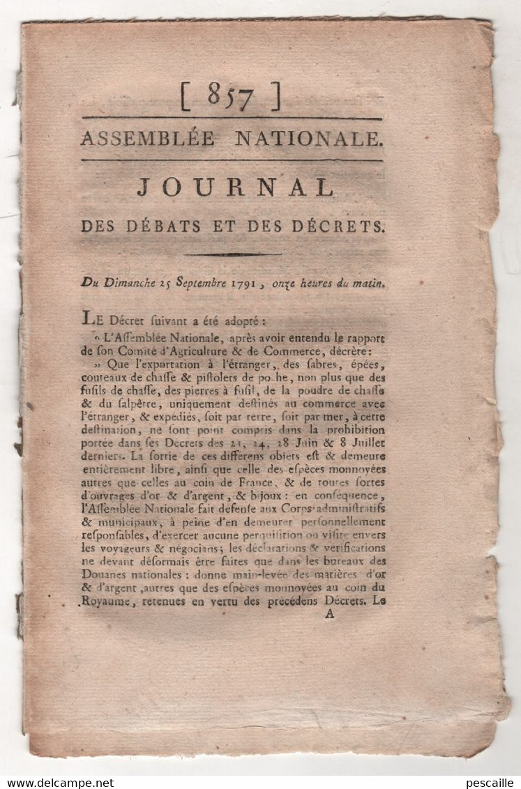 REVOLUTION FRANCAISE JOURNAL DES DEBATS 25 09 1791 - EXPORTATION D'ARMES - DEFENSE DES FRONTIERES - DISCIPLINE MILITAIRE - Newspapers - Before 1800