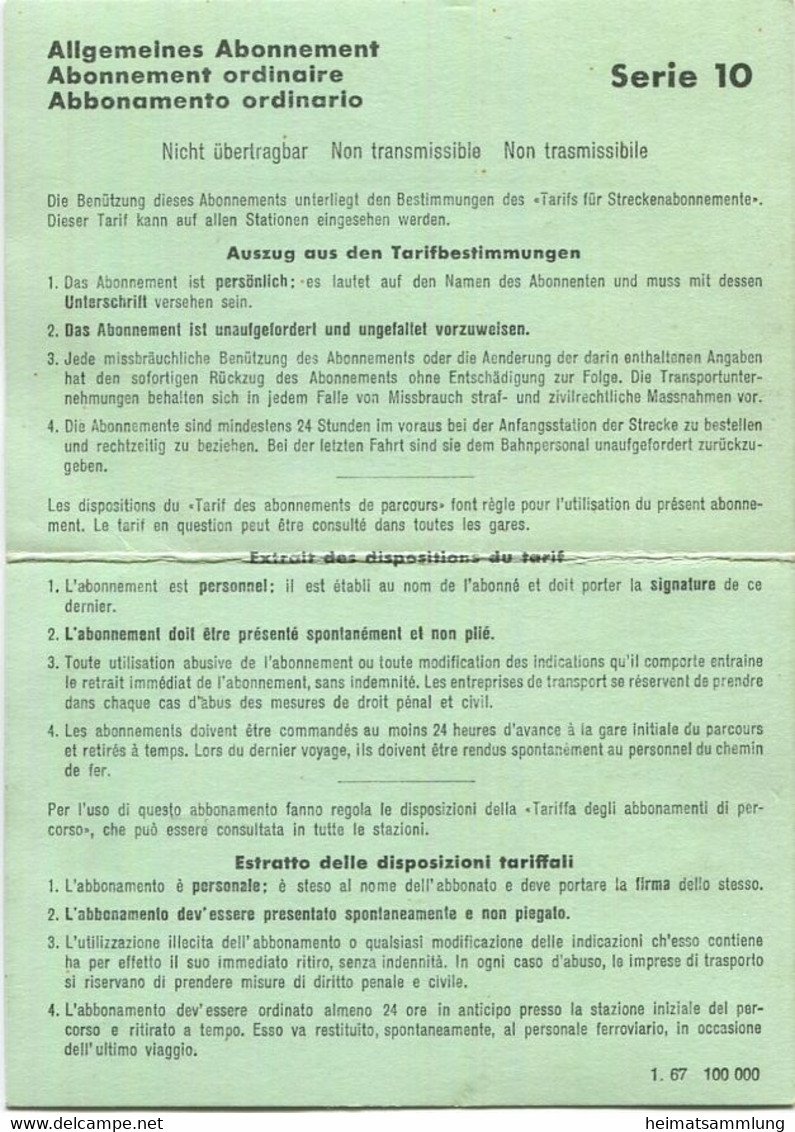 Schweiz - Lyss Bern - Fahrkarte Für Unbeschränkte Anzahl Fahrten - 1. Classe Sept./Okt. 1968 - Europa