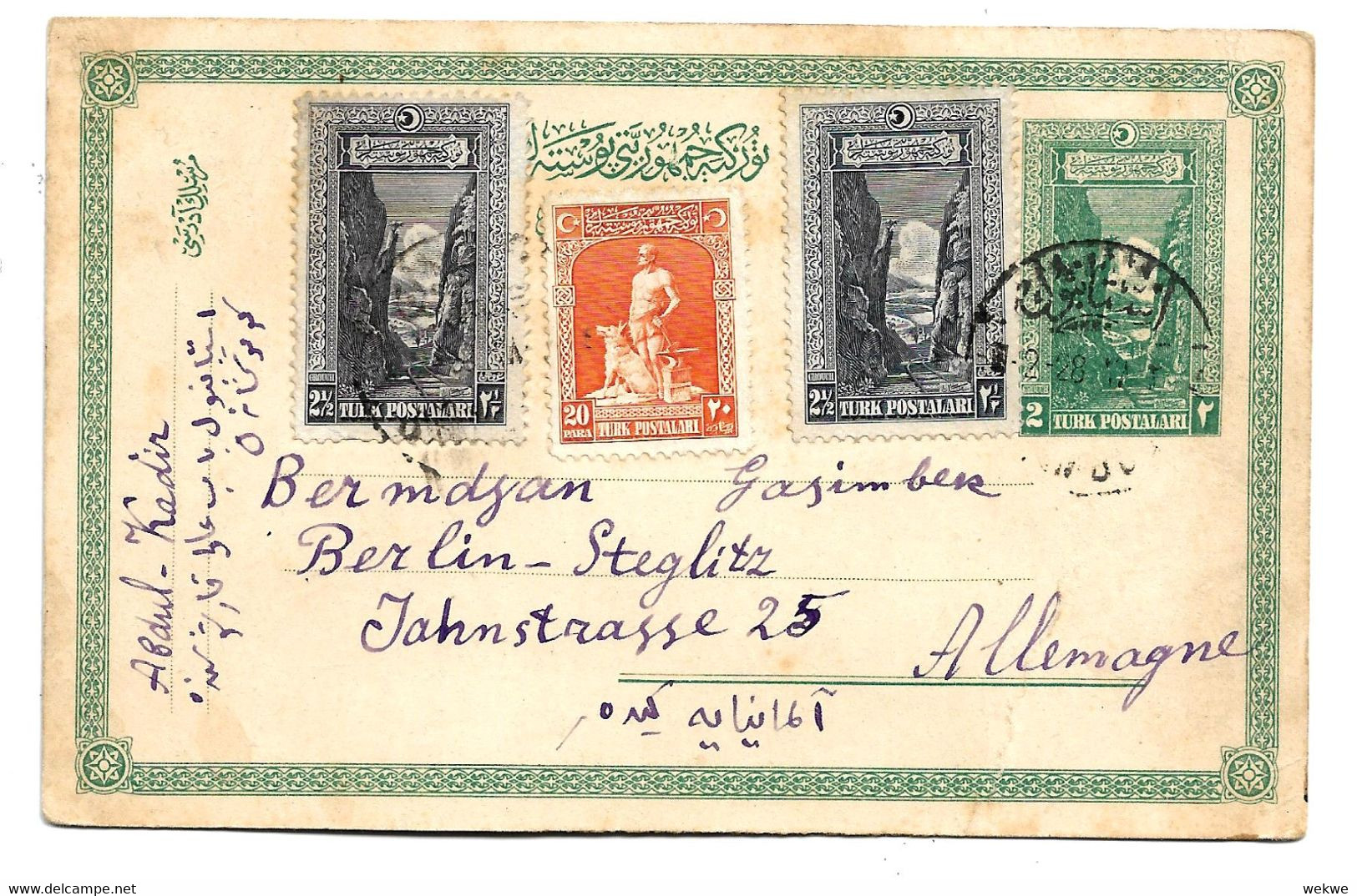 Tur178 / TÜRKEI - Ganzsache Aufgewertet 1928 Nach Berlin-Steglitz - Briefe U. Dokumente