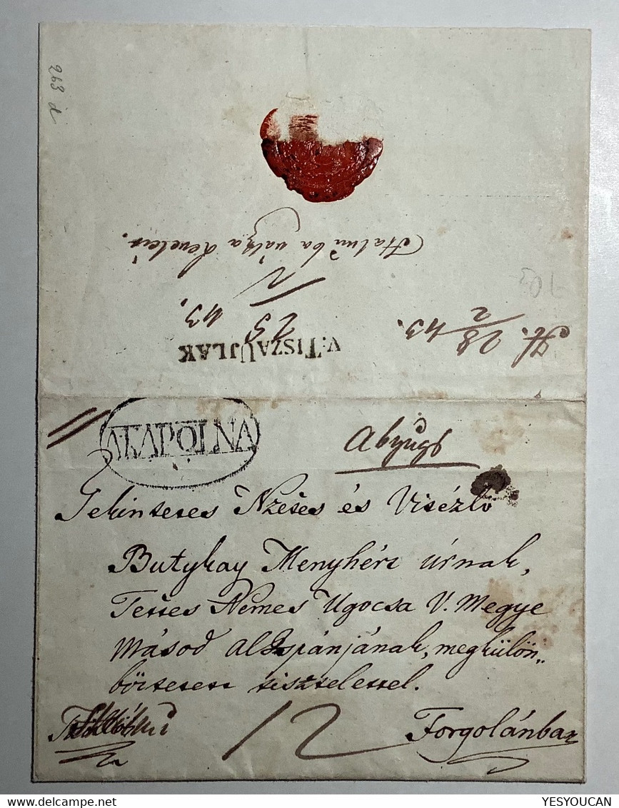 V: TISZAUJLAK RRR Pre-Stamp Cover From Kapolna 1843 (UKRAINE VYLOK Österreich Ungarn Vorphilatelie Brief Hungary Russia - ...-1850 Préphilatélie