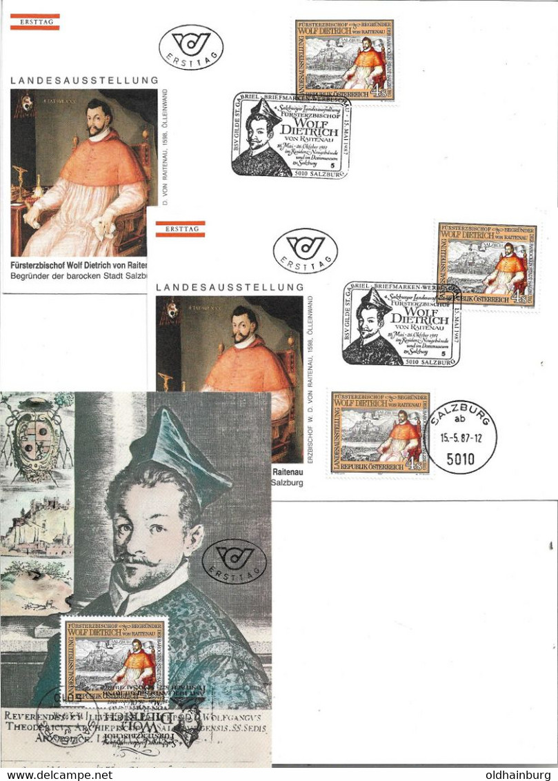 1835p: Österreich 1987, Fürsterzbischof Wolf Dietrich V. Raitenau, FDC & Maxikarte 3 Belege - Theologians