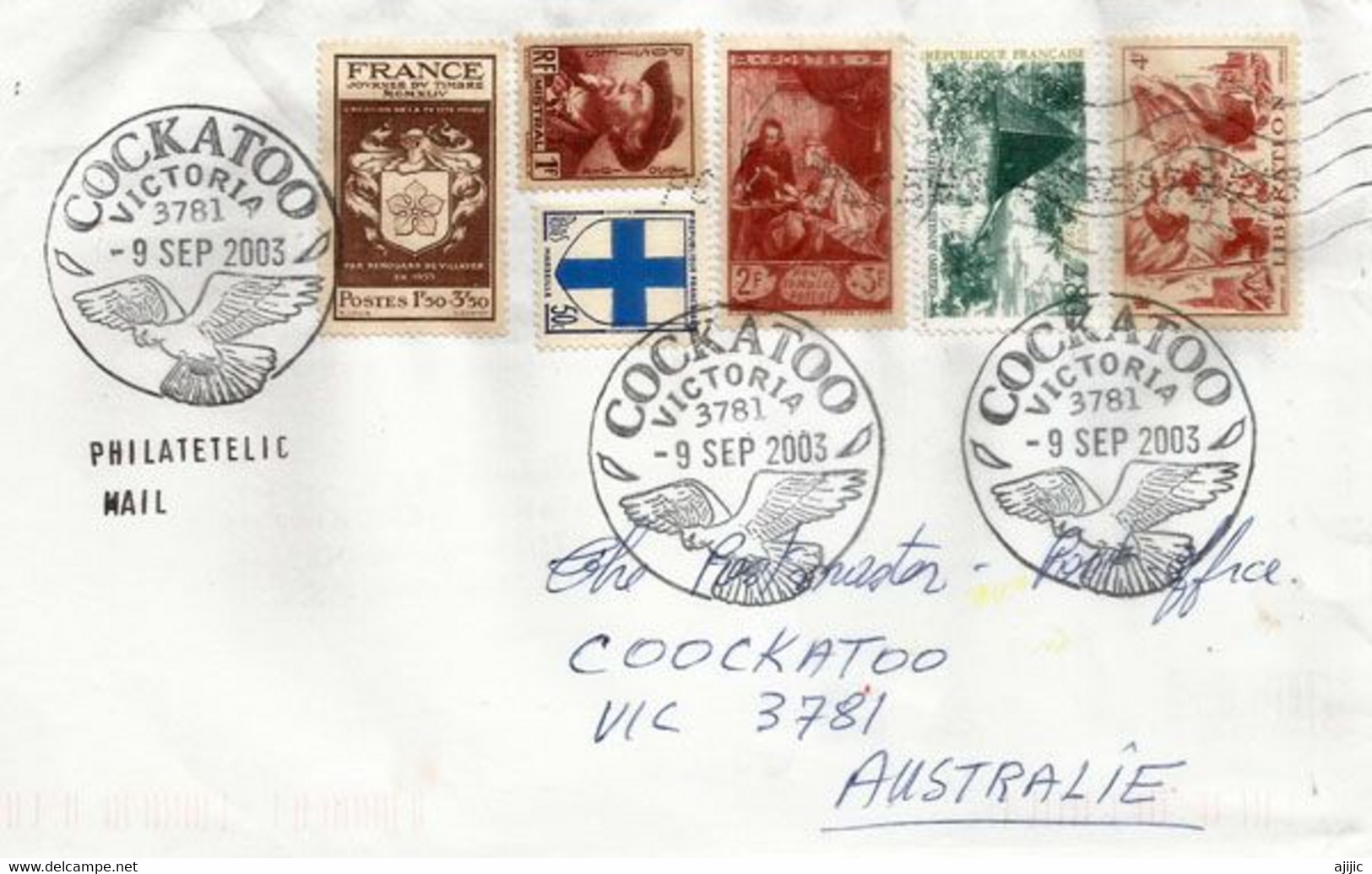 Lettre Avec Timbres De France, Postée Des Etats-Unis,arrivée Australie,avec Oblitération Illustrée COCKATOO (Cacatoès) ! - Covers & Documents