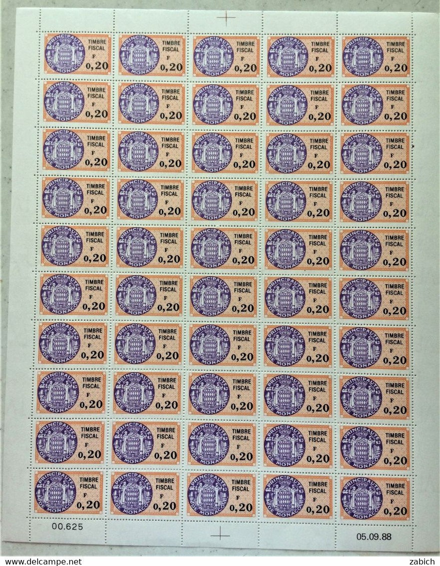 FISCAUX MONACO SERIE UNIFIEE  Feuille 50 Timbres (**) Du N°87 0F20  Orange Et Violet  Coin Daté  5 09 88 C0TE 250€ - Fiscales