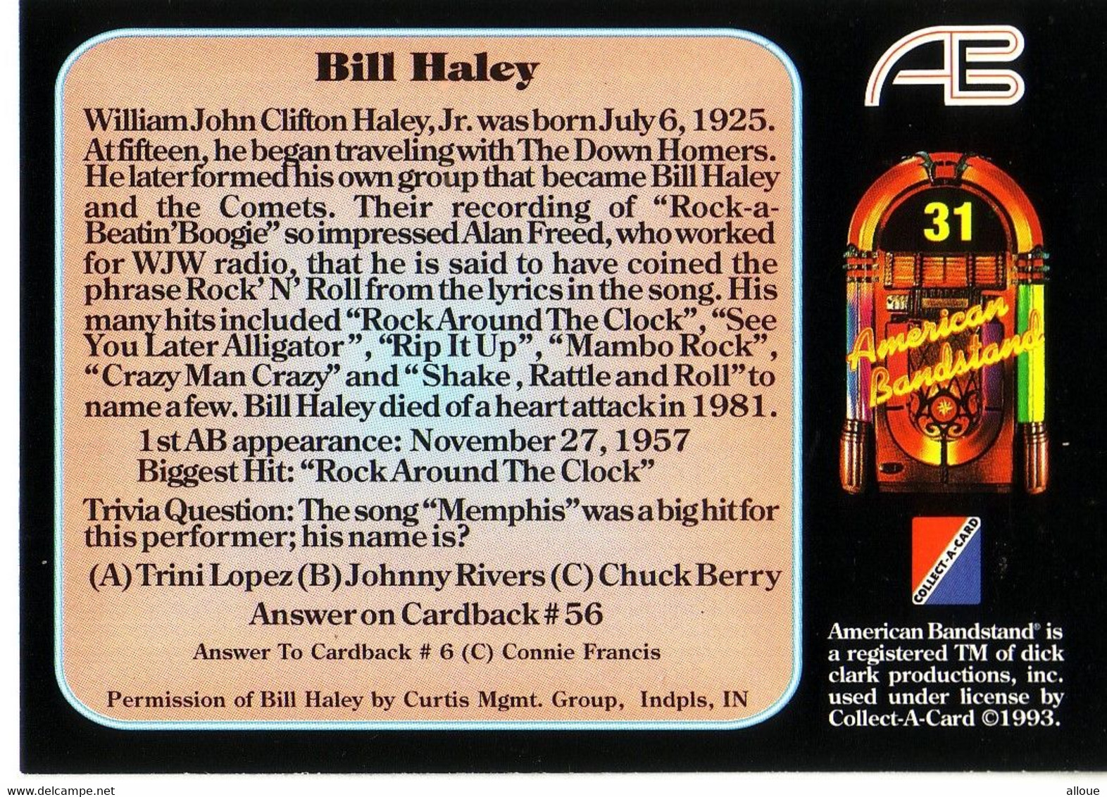 BILL HALEY - 1 TRADING CARDS EN BON ETAT - AMERICAN BANDSTAND - Andere & Zonder Classificatie