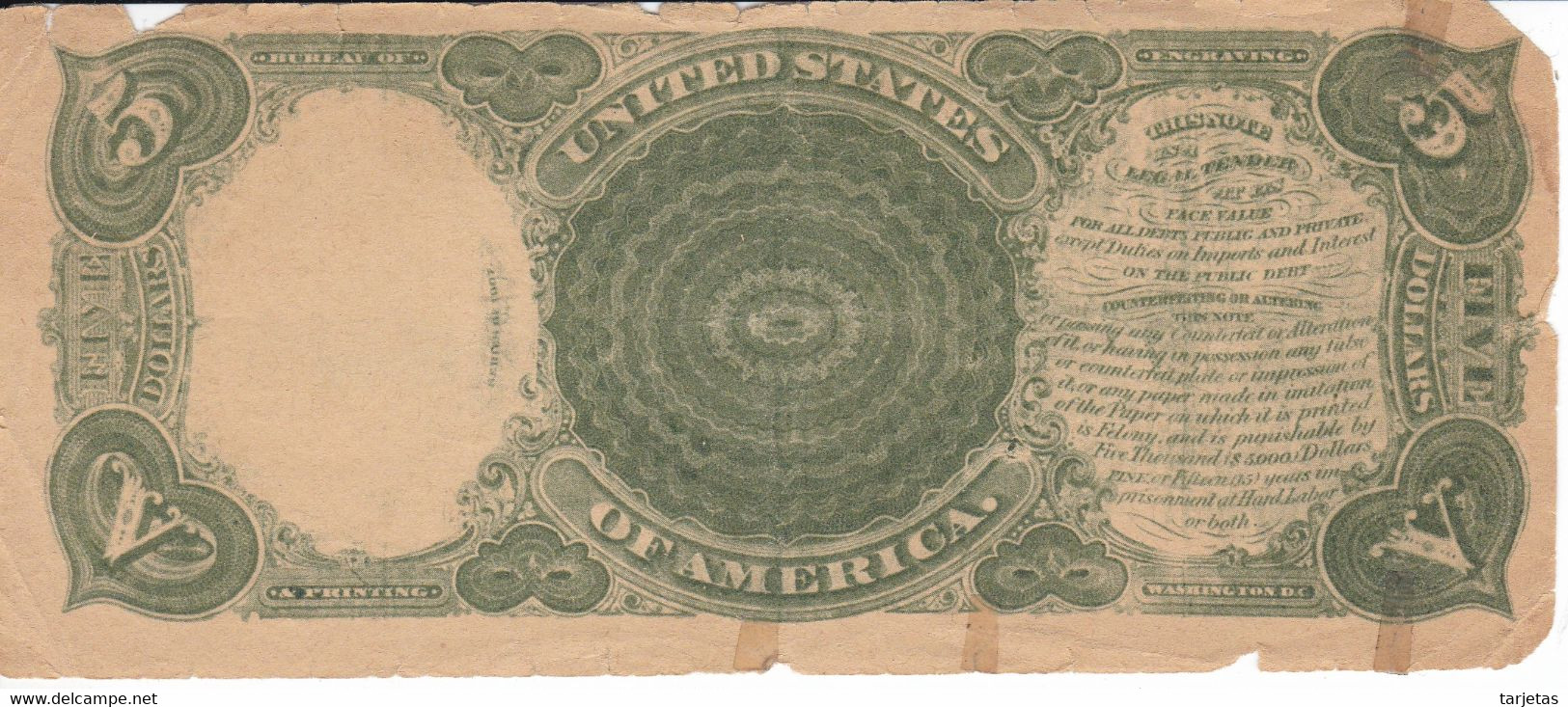 ¡¡FALSO DE EPOCA!! BILLETE DE ESTADOS UNIDOS DE 5 DÓLLARS DEL AÑO 1907 (BANKNOTE) - Biljetten Van De Verenigde Staten (1862-1923)