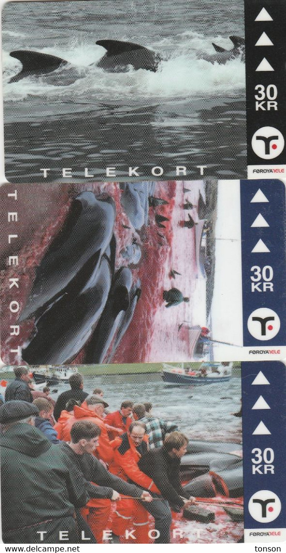 Faroe Islands, OD-030 - 32, Set Of 3 Cards, Pilot Whales, 2 Scans. - Isole Faroe