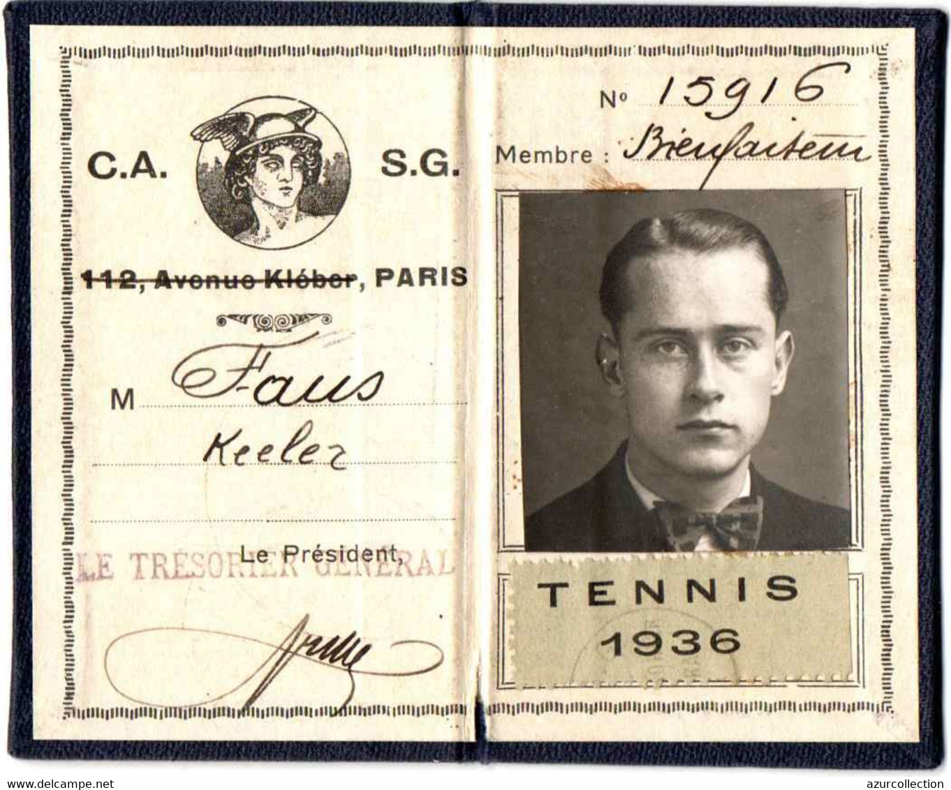 CARTE BIENFAITEUR DU C.A.S.G TENNIS . 1936 - Autres & Non Classés