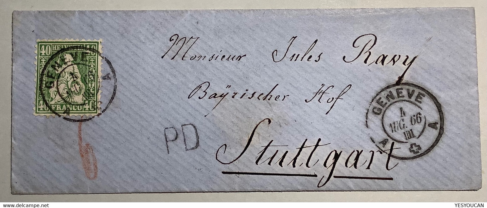 GENEVE 1866 Brief>STUTTGART WÜRTTEMBERG ZNr 34 1862 Sitzende Helvetia 40 Rp. Ex Provera (Schweiz Lettre Suisse Cover - Lettres & Documents