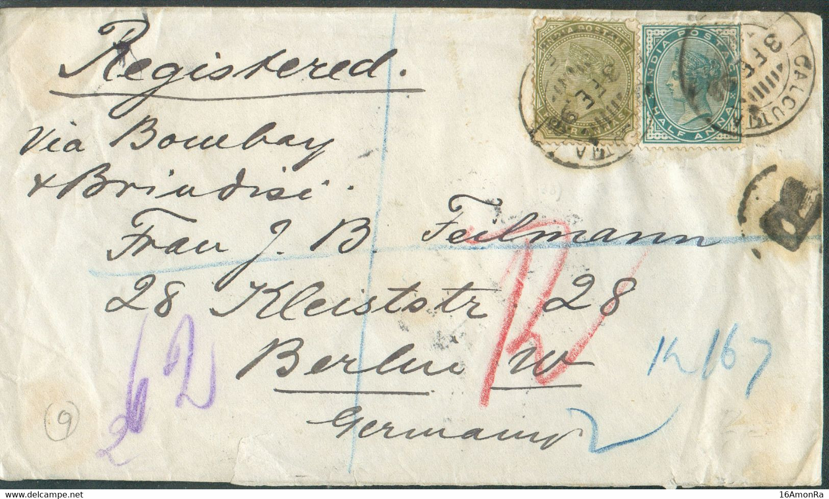 ½a. + 4a. Obl. Dc CALCUTTA Sur Lettre Recommandée (Registered) Du 3 Février 1898 Vers Berlin, Via Bombay Et Brindisi - S - 1882-1901 Keizerrijk