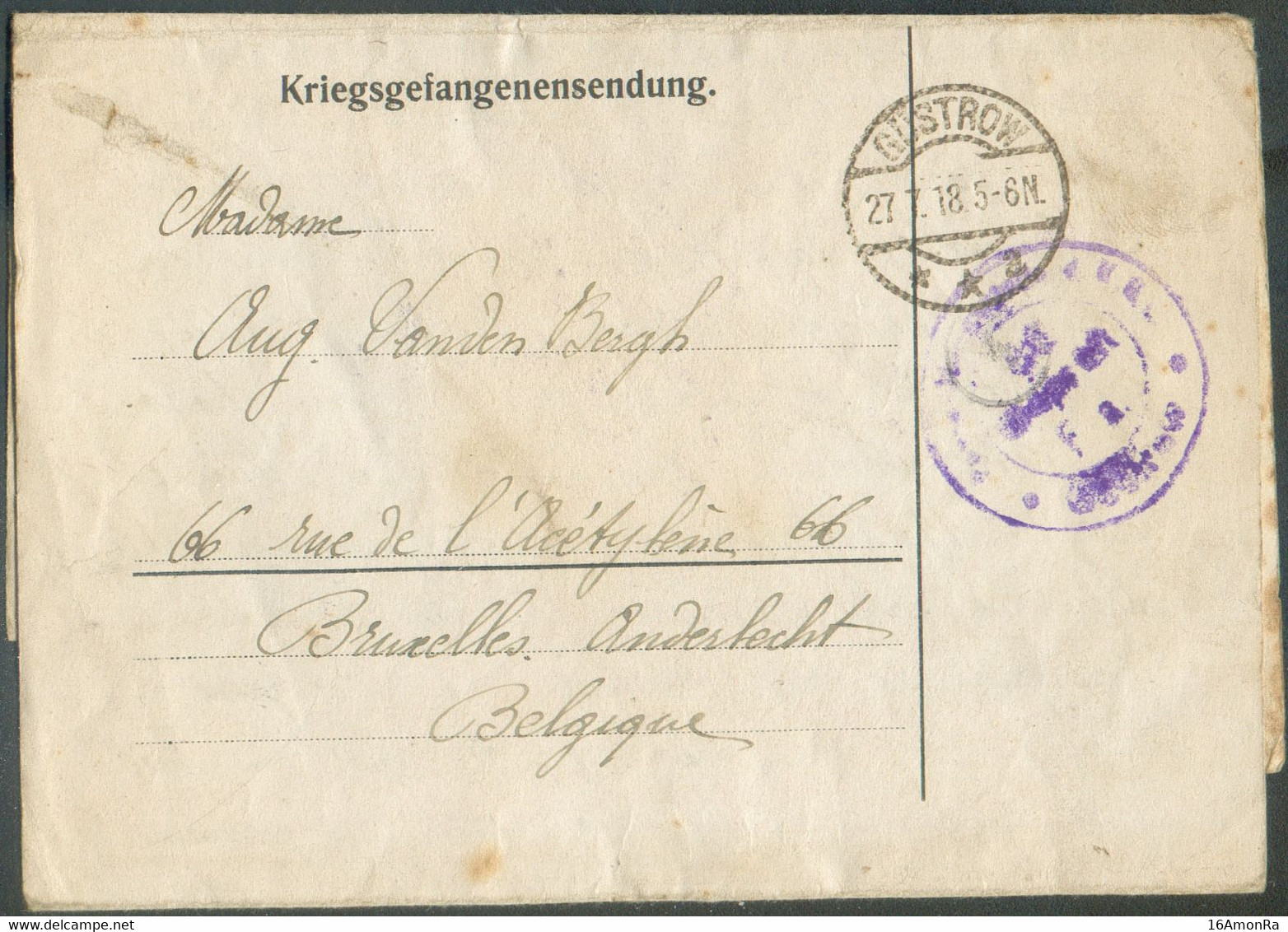 Enveloppe (prisonnier Belge) Dc GÜSTROW 27.7 1918 + Dc Kriegsgefangenenlager GUSTROW * Postprüfungsstelle Geprüft F.a ve - Prisonniers