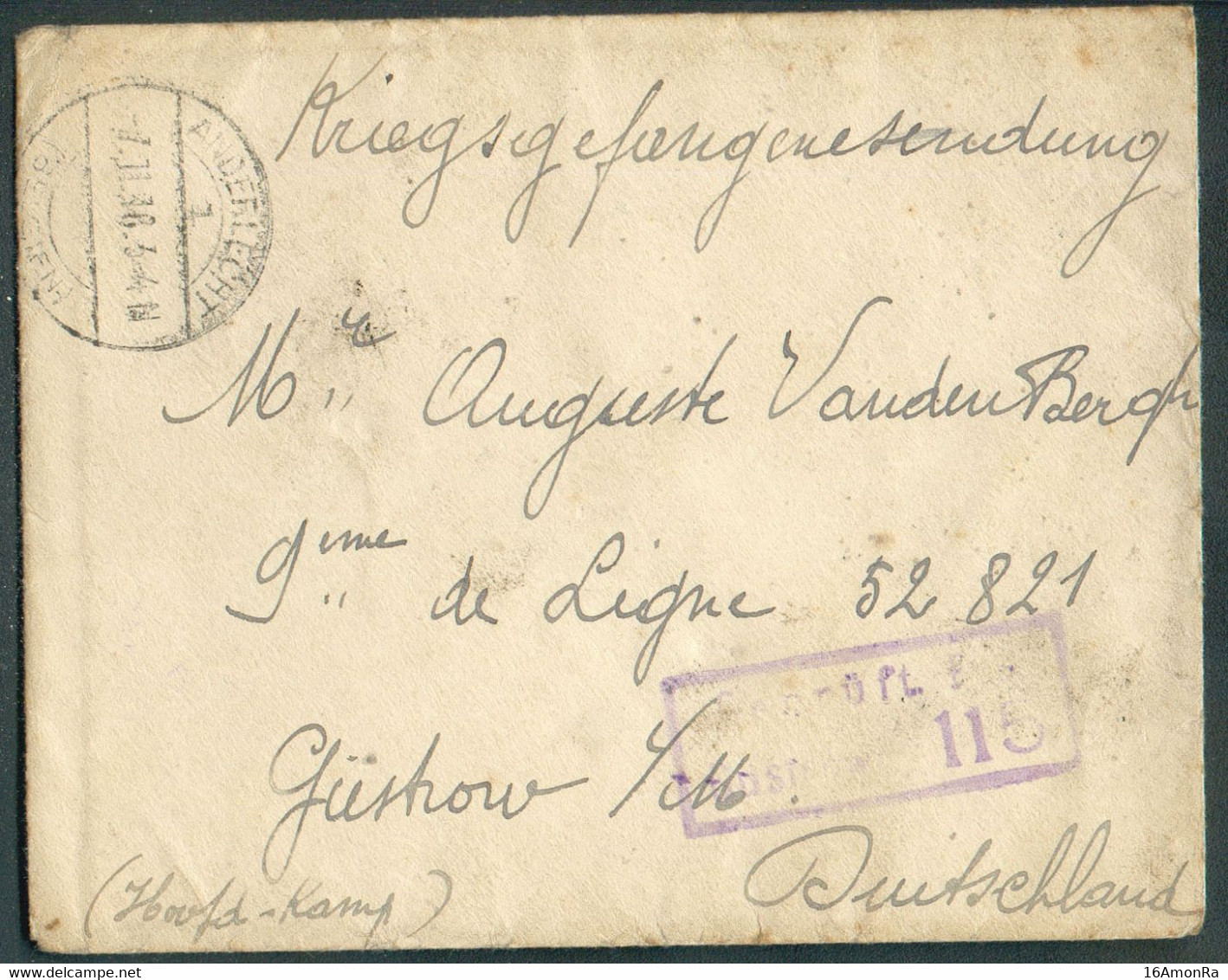 Enveloppe (prisonnier Belge) Expédiée D'ANDERLECHT  1.11 1918 + Kriegsgefangenenlager vers Auguste Vande Bergh 9ème De L - Prisonniers