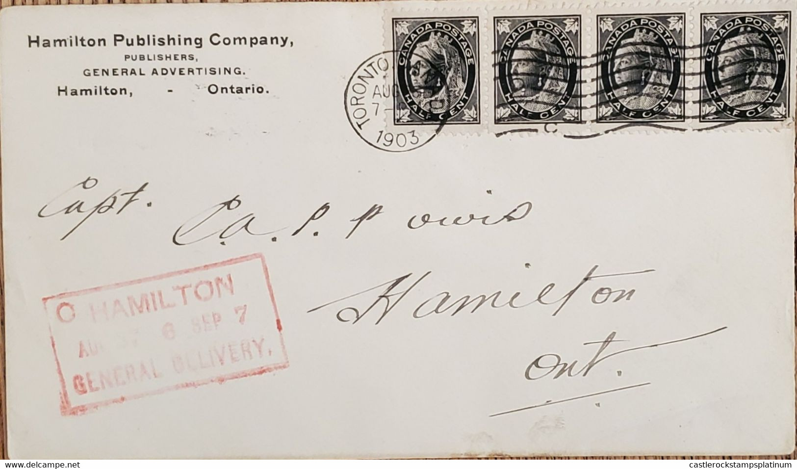 A) 1903, CANADA, ISABEL II, FROM TORONTO TO HAMILTON, RED CANCELLATION STAMP GENERAL DELIVERY AND CANCELLATION ON THE ST - Covers & Documents